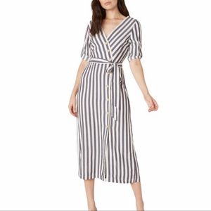 BB Dakota Set Sail Midi Dress Blue White Striped Button Front Waist Tie Size 4